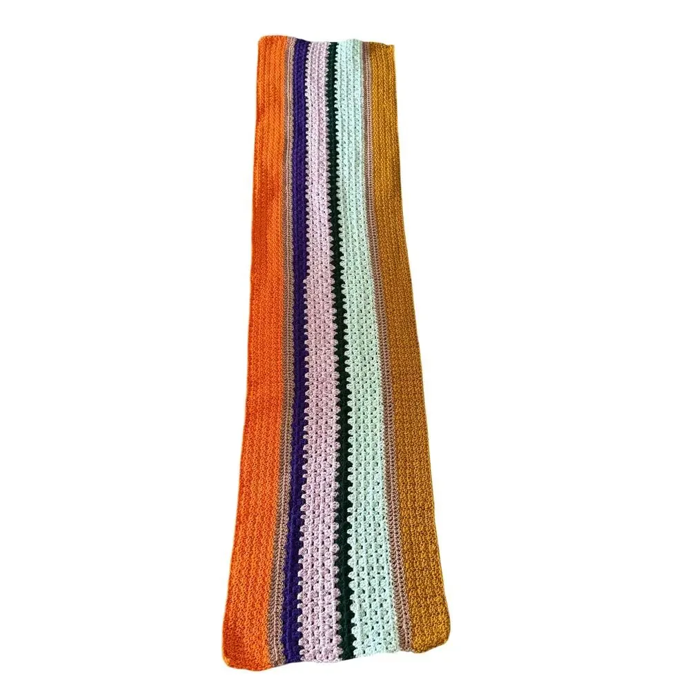 Vintage Striped Boho Crochet Table Runner 15x56 Inches Orange Gold Purple Green